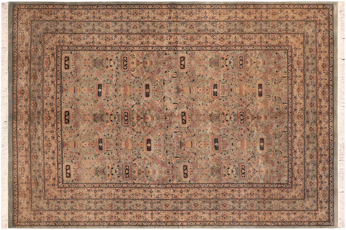 handmade Transitional Agra Green Beige Hand Knotted RECTANGLE 100% WOOL area rug 6x10