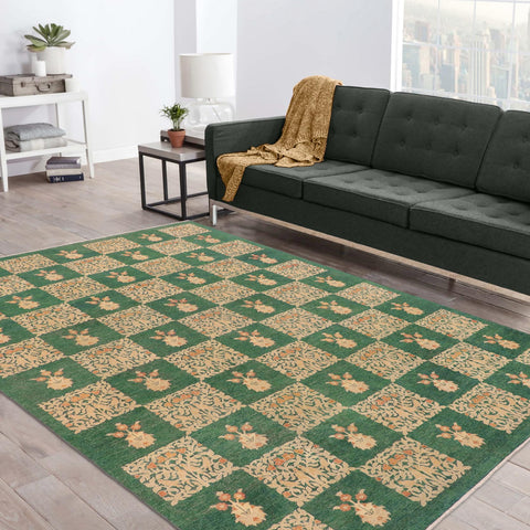 handmade Modern Kafkaz Green Tan Hand Knotted RECTANGLE 100% WOOL area rug 9' x 13'