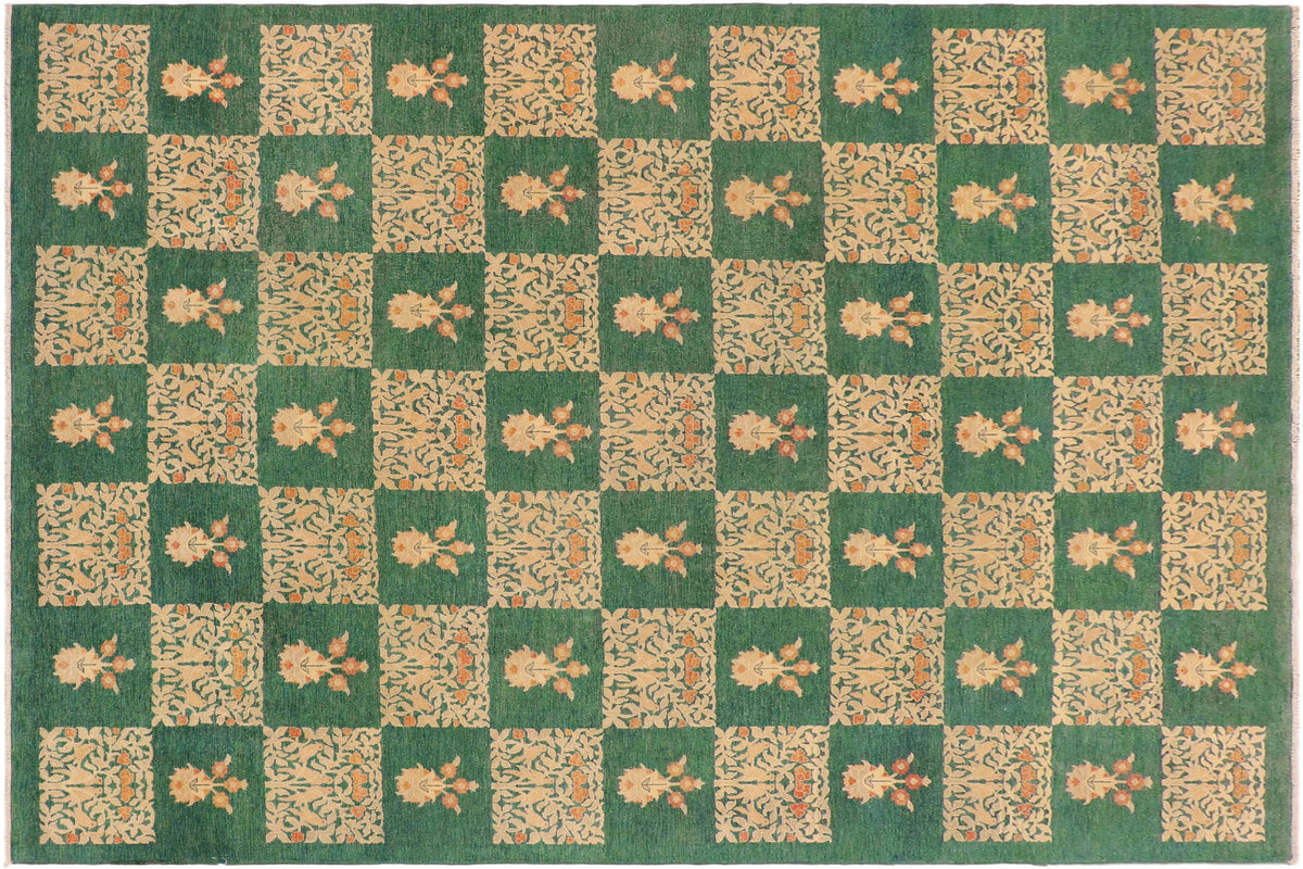 handmade Modern Kafkaz Green Tan Hand Knotted RECTANGLE 100% WOOL area rug 9' x 13'