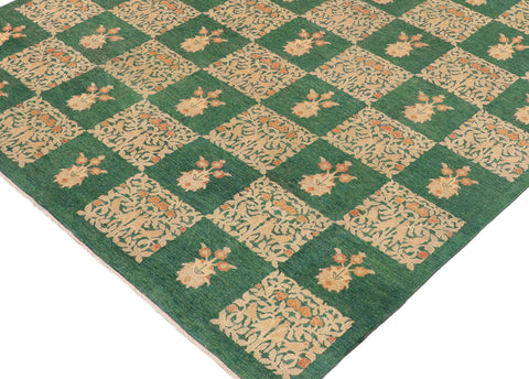 handmade Modern Kafkaz Green Tan Hand Knotted RECTANGLE 100% WOOL area rug 9' x 13'