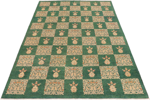 handmade Modern Kafkaz Green Tan Hand Knotted RECTANGLE 100% WOOL area rug 9' x 13'