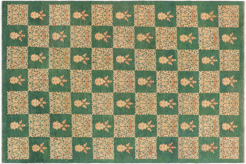 handmade Modern Kafkaz Green Tan Hand Knotted RECTANGLE 100% WOOL area rug 9' x 13'