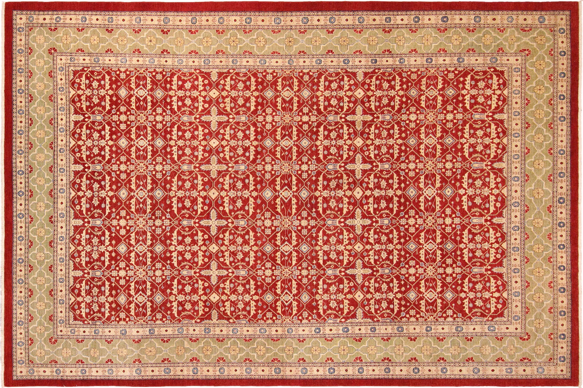 handmade Transitional Kafkaz Red Green Hand Knotted RECTANGLE 100% WOOL area rug 10' x 14'