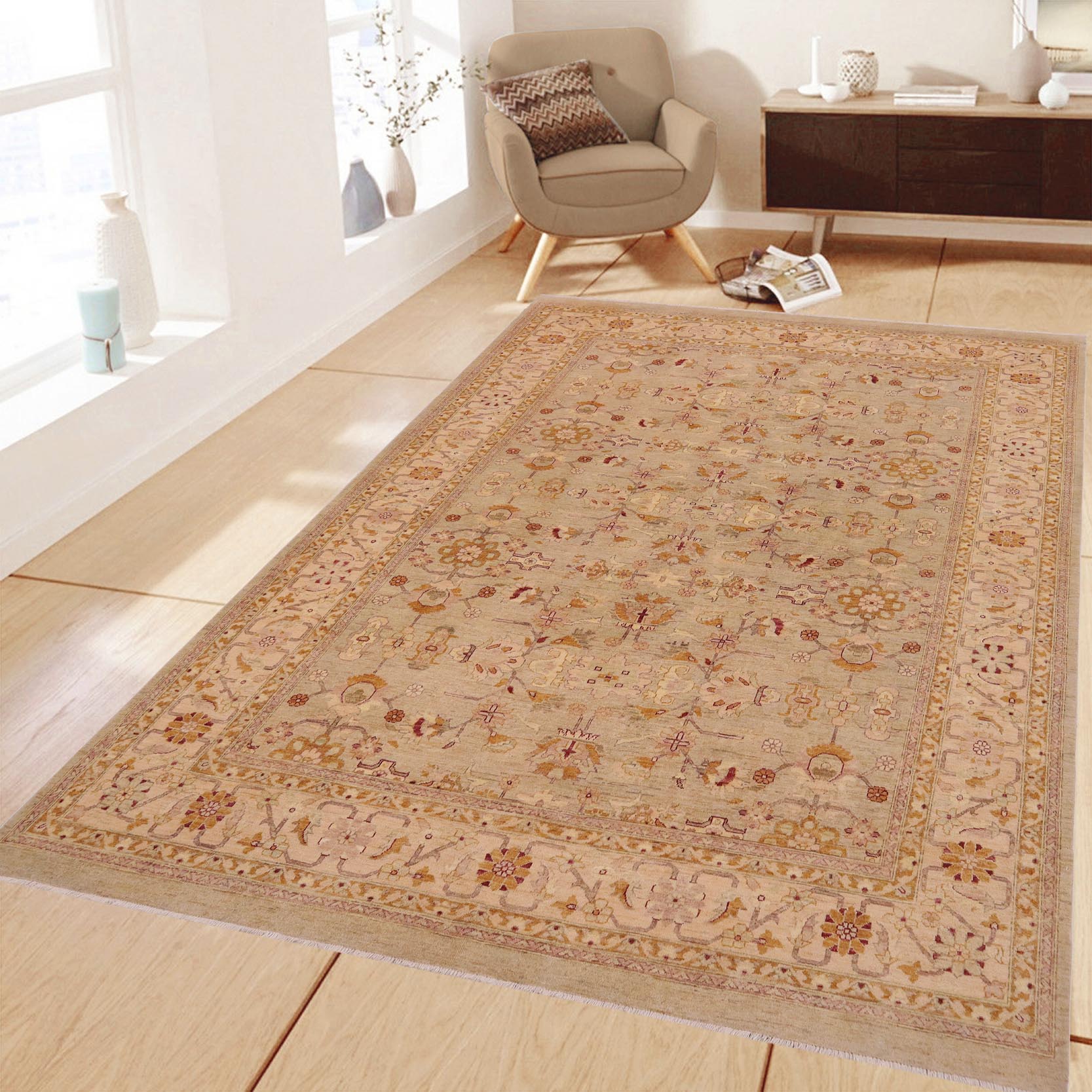 handmade Transitional Kafkaz Lt. Green Beige Hand Knotted RECTANGLE 100% WOOL area rug 9' x 12'