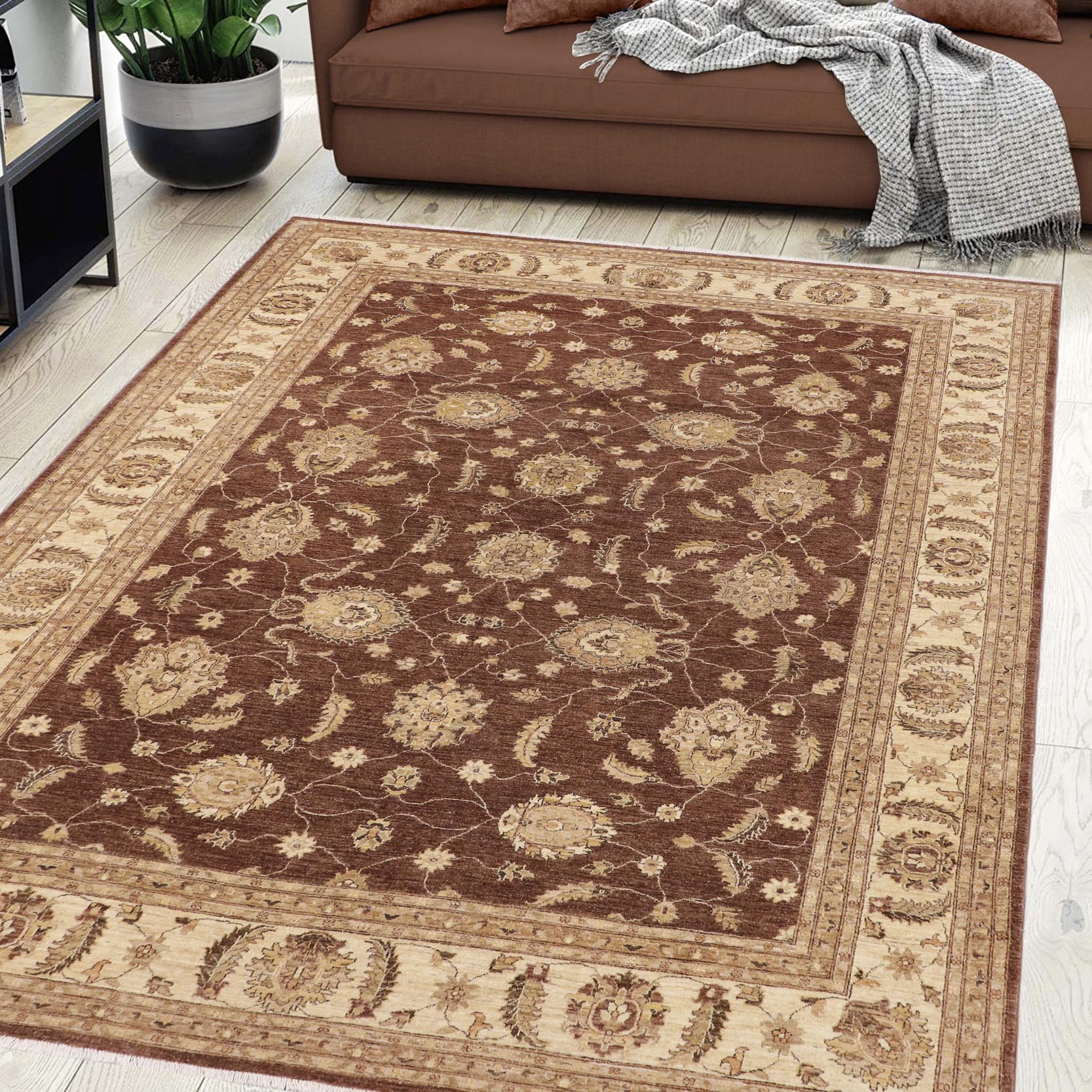 handmade Transitional Kafkaz Brown Beige Hand Knotted RECTANGLE 100% WOOL area rug 9' x 12'