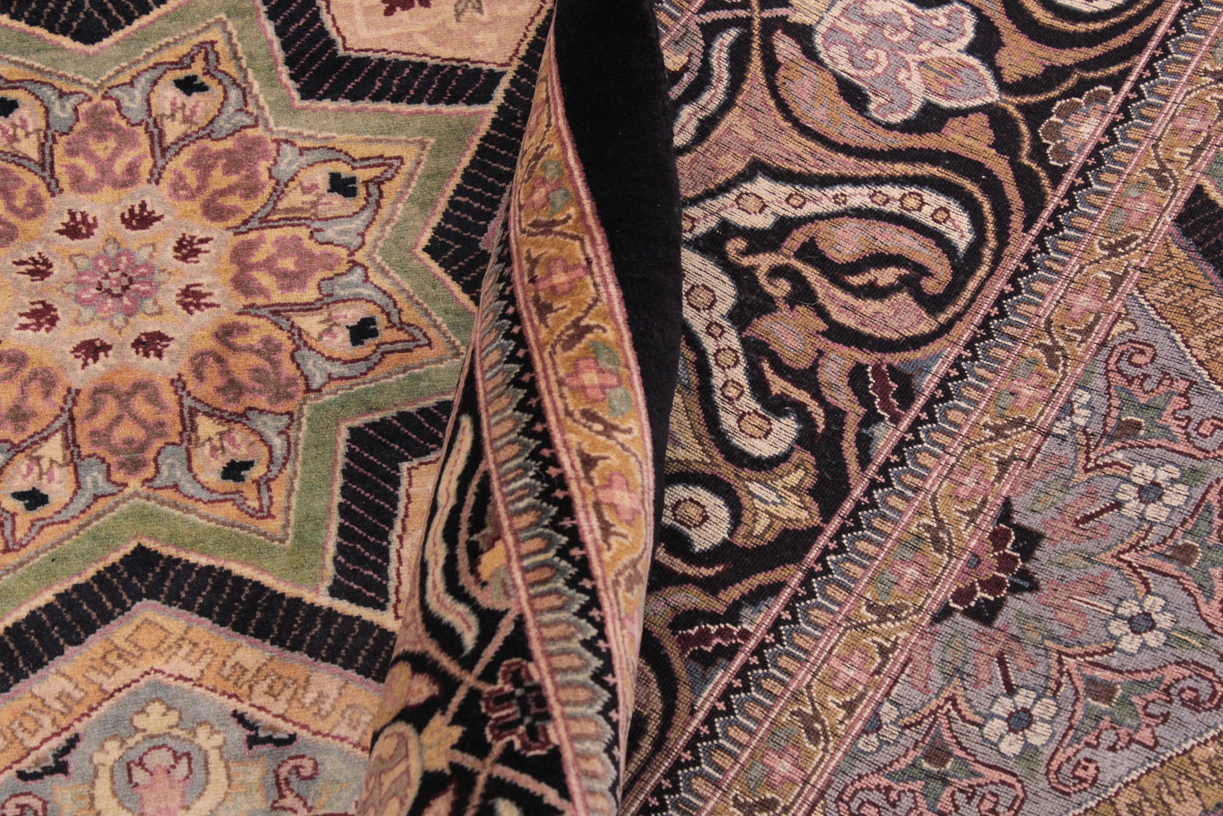 handmade Transitional Mugalart Black Multi Hand Knotted RECTANGLE 100% WOOL area rug 9x12