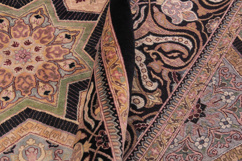 handmade Transitional Mugalart Black Multi Hand Knotted RECTANGLE 100% WOOL area rug 9x12