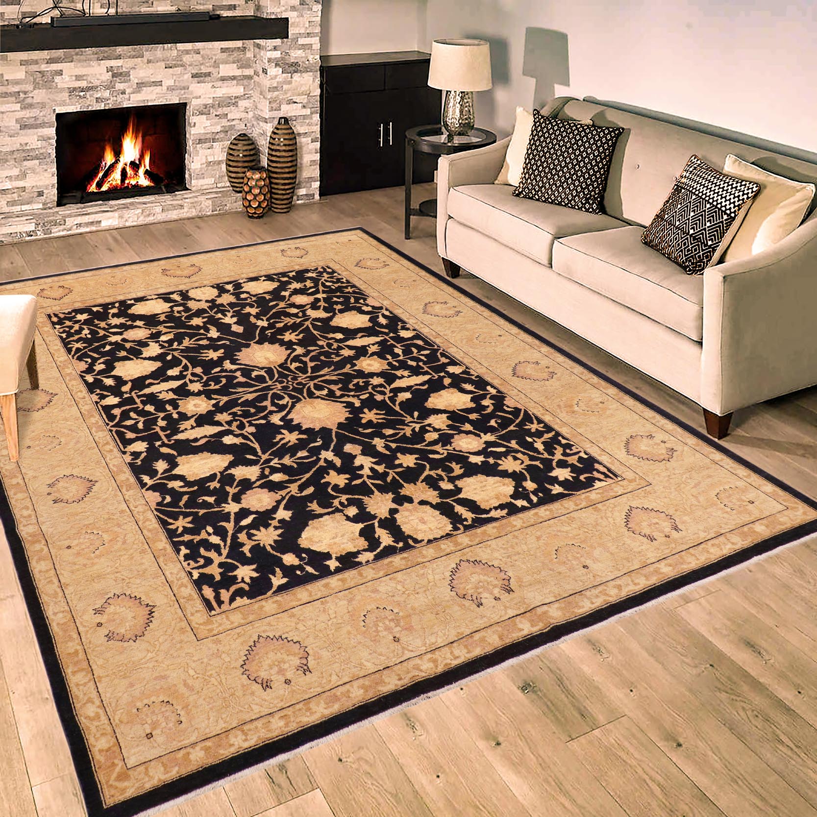 handmade Traditional Kafkaz Drk. Blue Beige Hand Knotted RECTANGLE 100% WOOL area rug 8x9