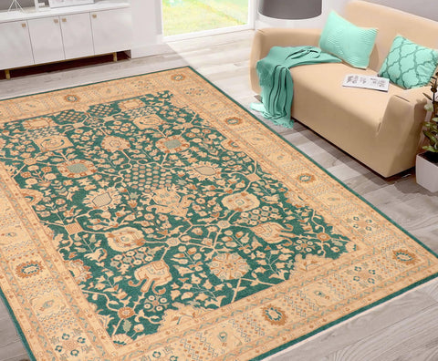 handmade Transitional Kafkaz Green Tan Hand Knotted RECTANGLE 100% WOOL area rug 8' x 10'