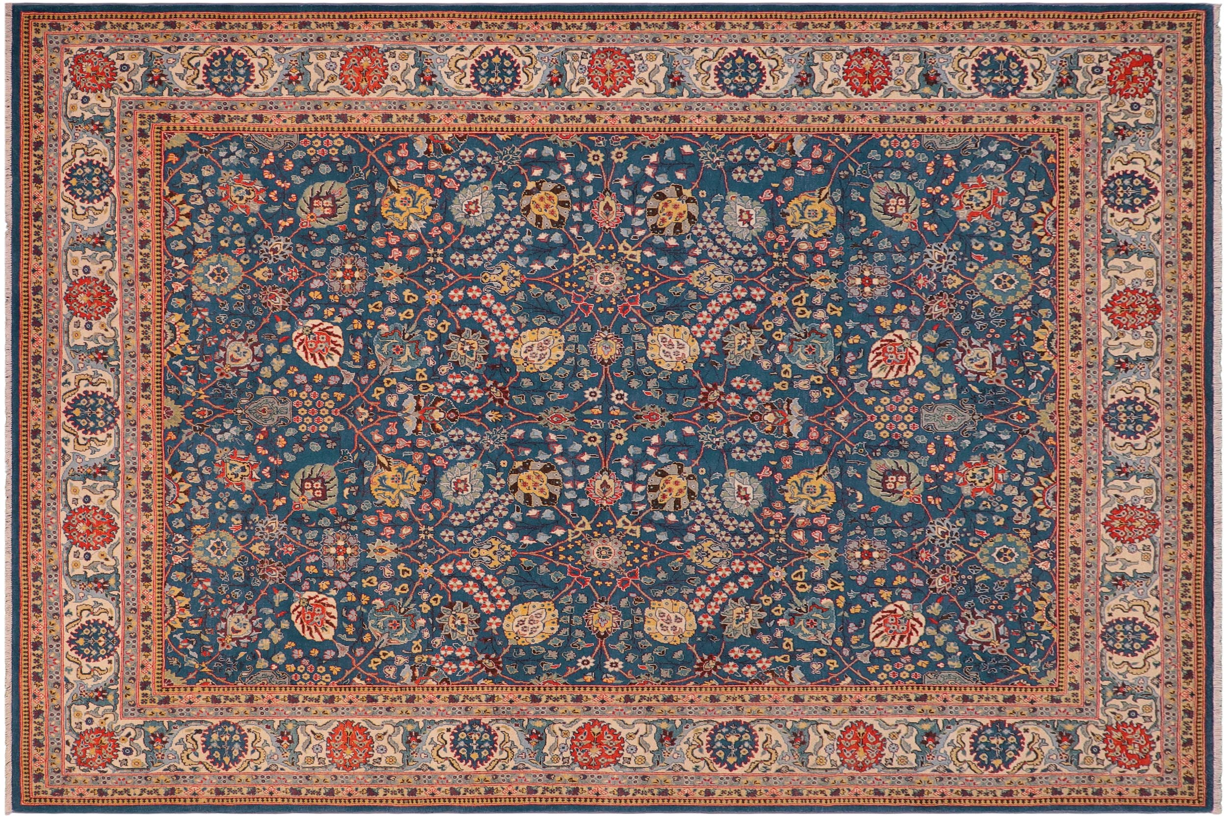handmade Traditional Design Teal Ivory Hand Knotted RECTANGLE 100% WOOL area rug 8' x 10'