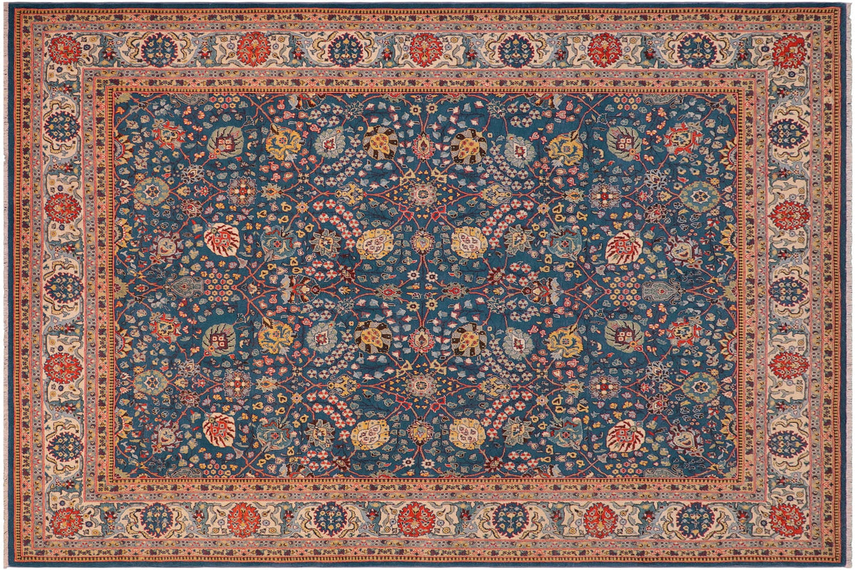 handmade Traditional Design Teal Ivory Hand Knotted RECTANGLE 100% WOOL area rug 8' x 10'