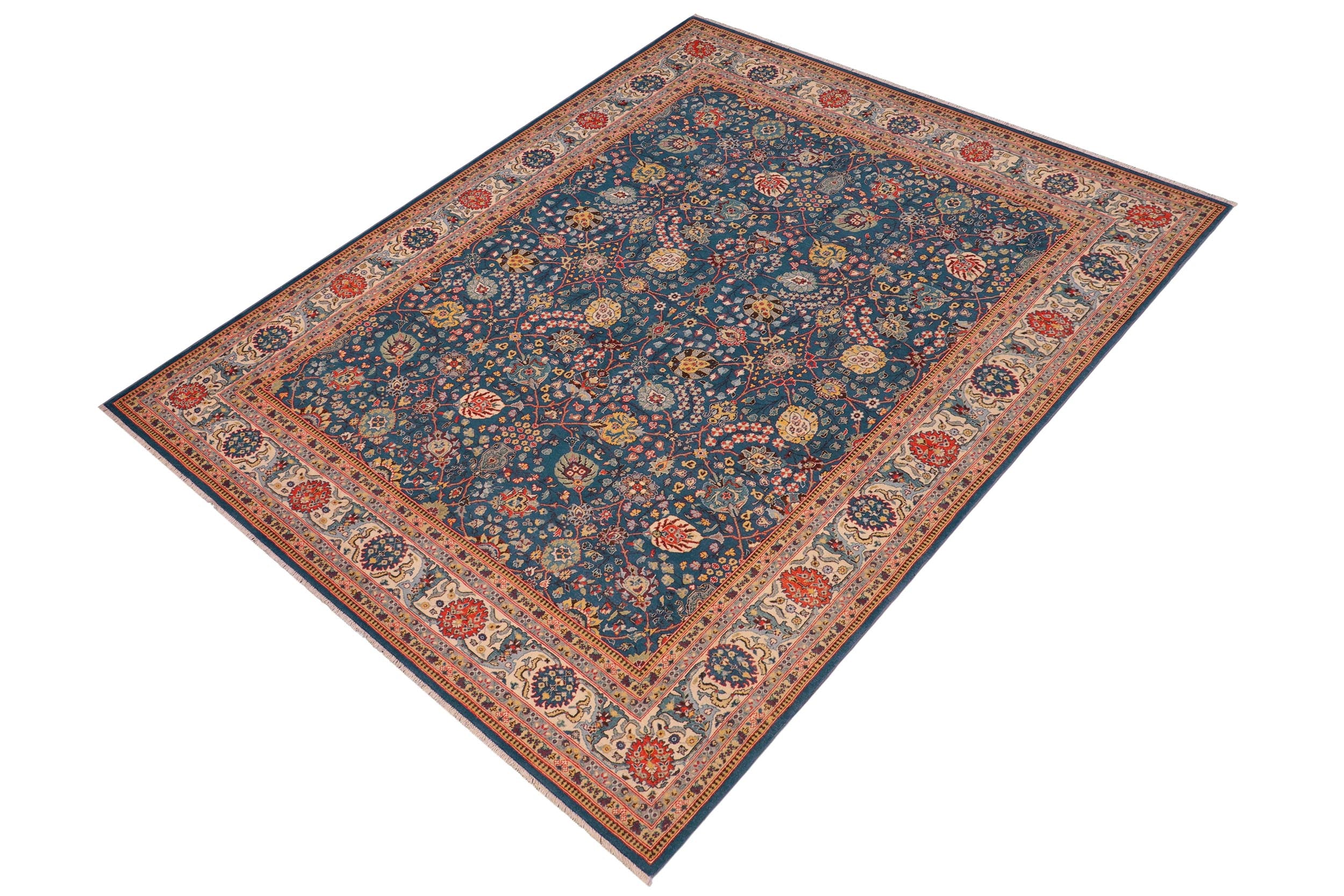 handmade Traditional Design Teal Ivory Hand Knotted RECTANGLE 100% WOOL area rug 8' x 10'