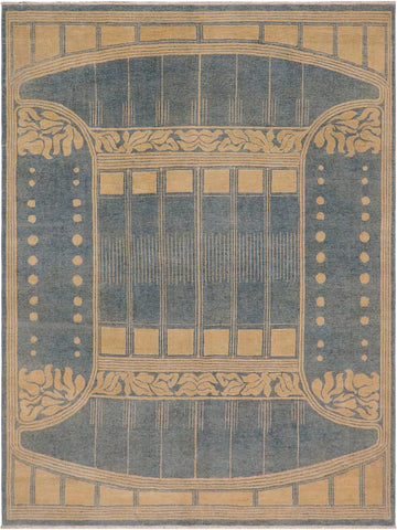 handmade Geometric Antique Blue Gold Hand Knotted RECTANGLE 100% WOOL area rug 9x11