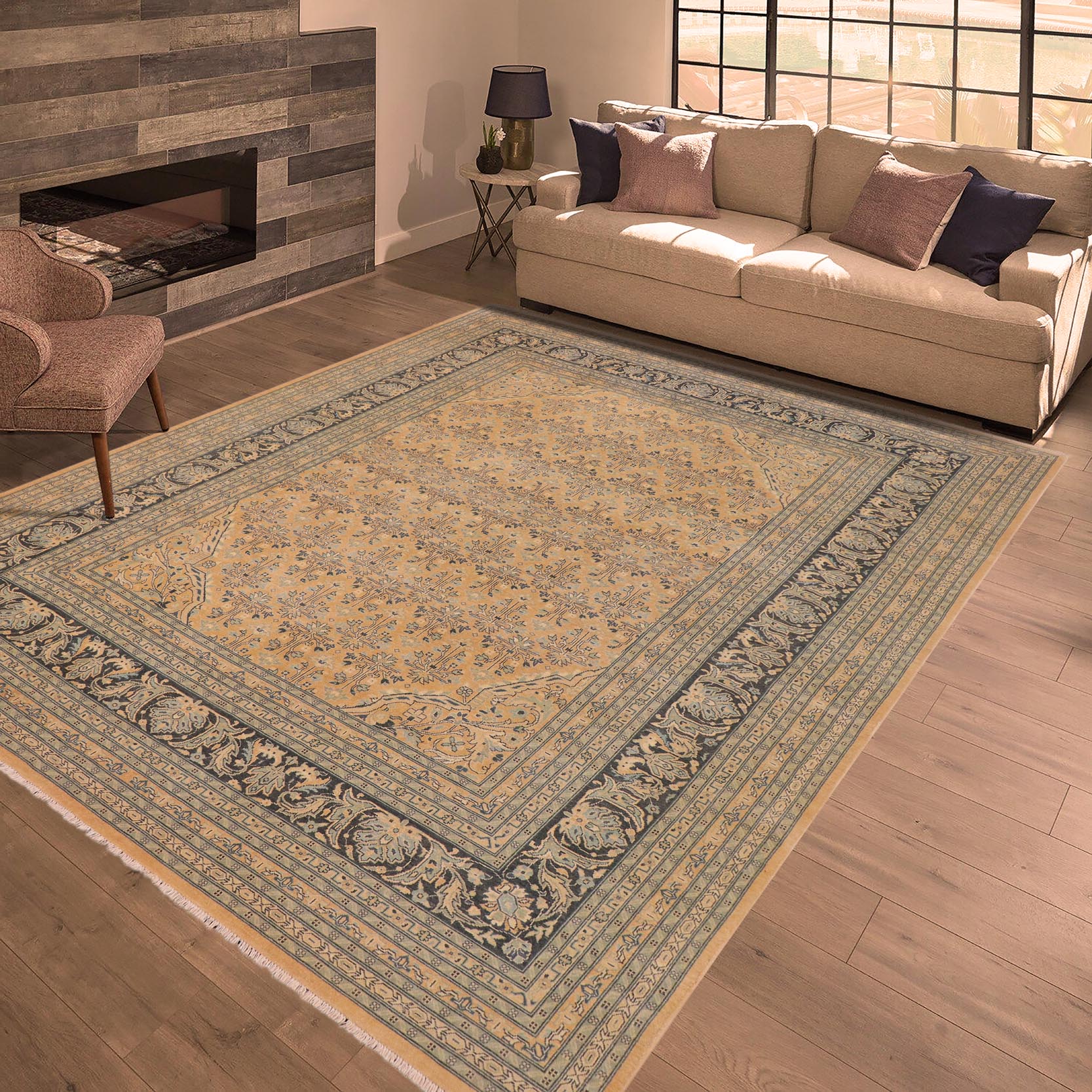 handmade Transitional Kafkaz Nude Drk.green Hand Knotted RECTANGLE 100% WOOL area rug 9x12