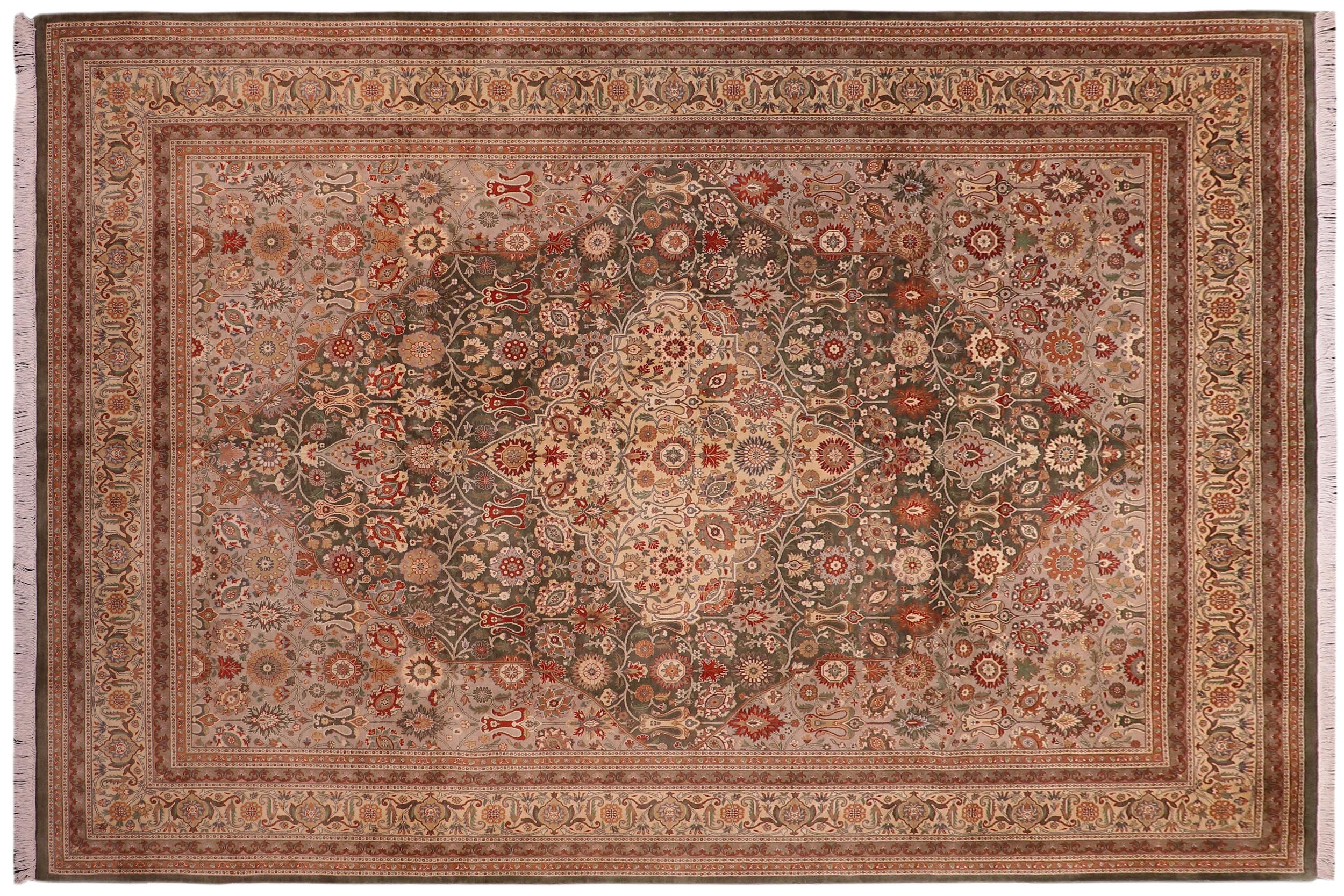 handmade Traditional Tabriz Green Lt. Tan Hand Knotted RECTANGLE 100% WOOL area rug 9x12