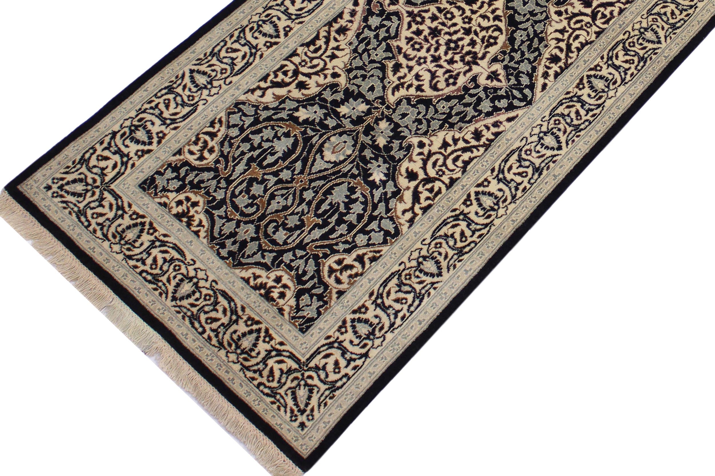 handmade Transitional Design Black Ivory Hand Knotted RUNNER 100% WOOL area rug 3' x 13'