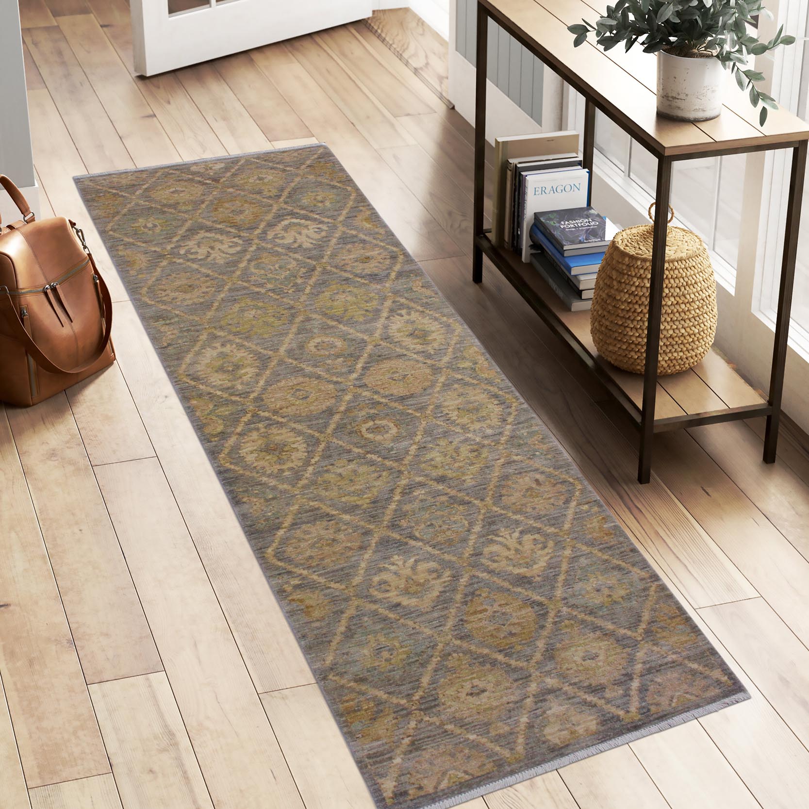 handmade Modern Kafkaz Gray Ivory Hand Knotted RUNNER 100% WOOL area rug 3' x 9'