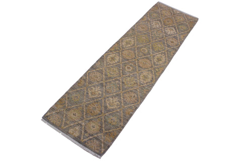 handmade Modern Kafkaz Gray Ivory Hand Knotted RUNNER 100% WOOL area rug 3' x 9'