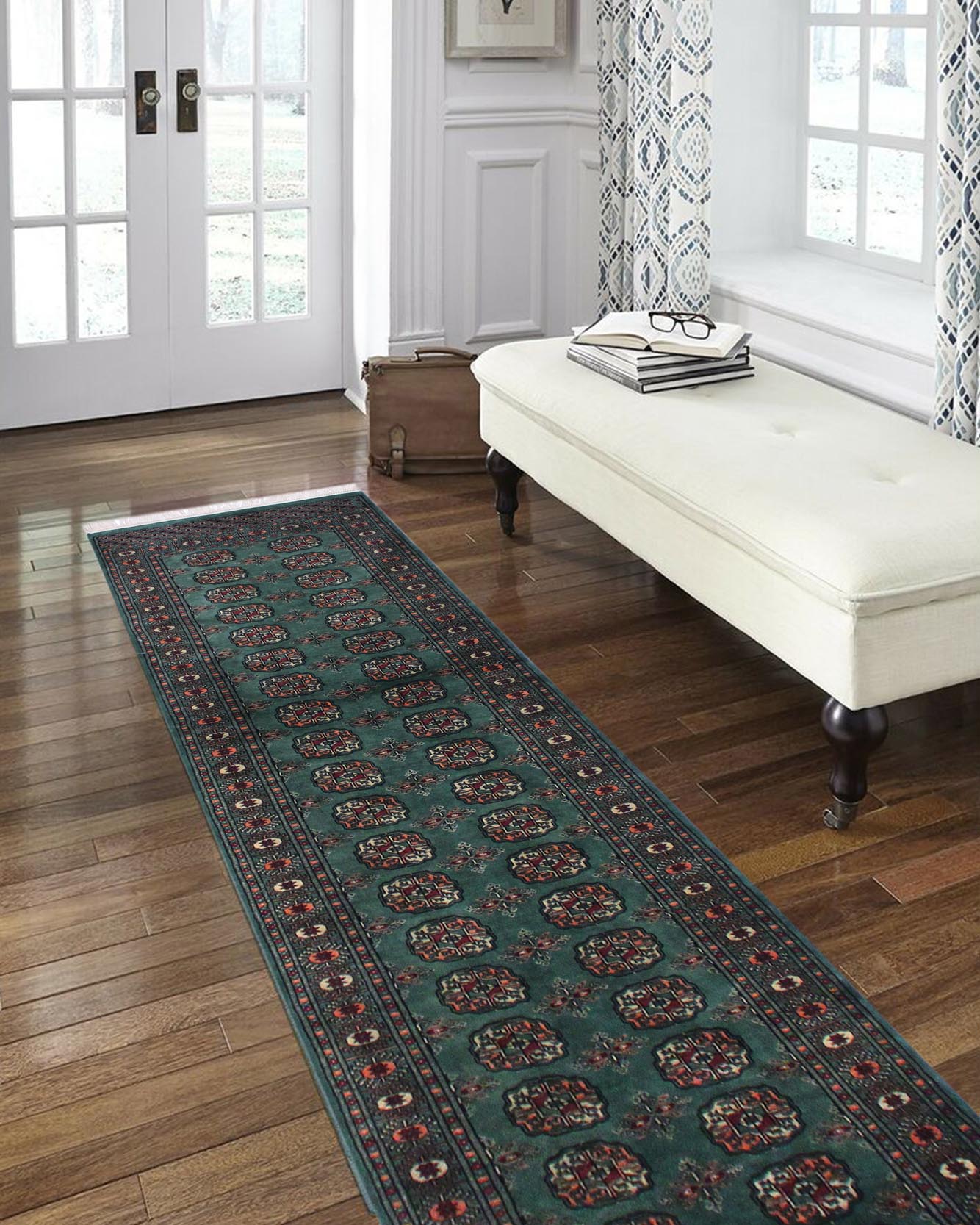 handmade Geometric Bokhara Lt. Green Black Hand Knotted RUNNER 100% WOOL area rug 3X12