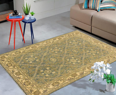 handmade Transitional Kafkaz Lt. Blue Ivory Hand Knotted RECTANGLE 100% WOOL area rug 4X6