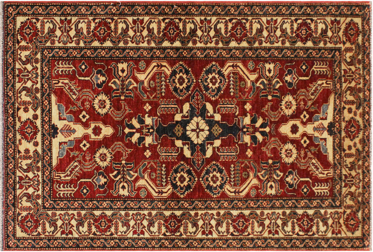 handmade Geometric Super Kazak Red Gold Hand Knotted RECTANGLE 100% WOOL area rug 4' x 6'