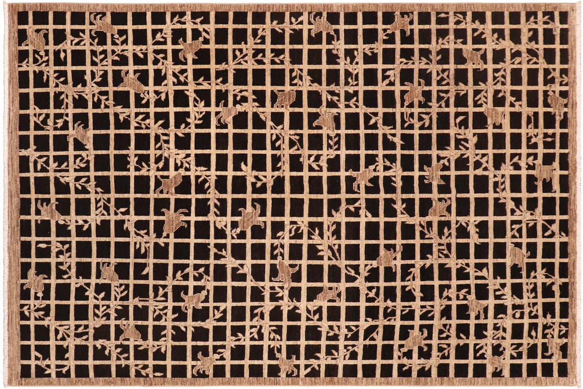 handmade Modern Kafkaz Black Tan Hand Knotted RECTANGLE 100% WOOL area rug 8' x 10'