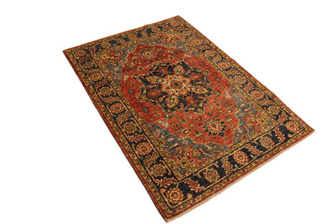 handmade Traditional Kafkaz Rust Blue Hand Knotted RECTANGLE 100% WOOL area rug 4X6