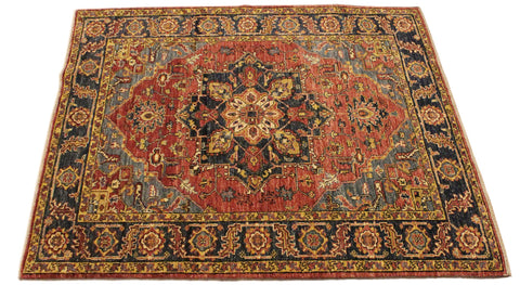 handmade Traditional Kafkaz Rust Blue Hand Knotted RECTANGLE 100% WOOL area rug 4' x 6'