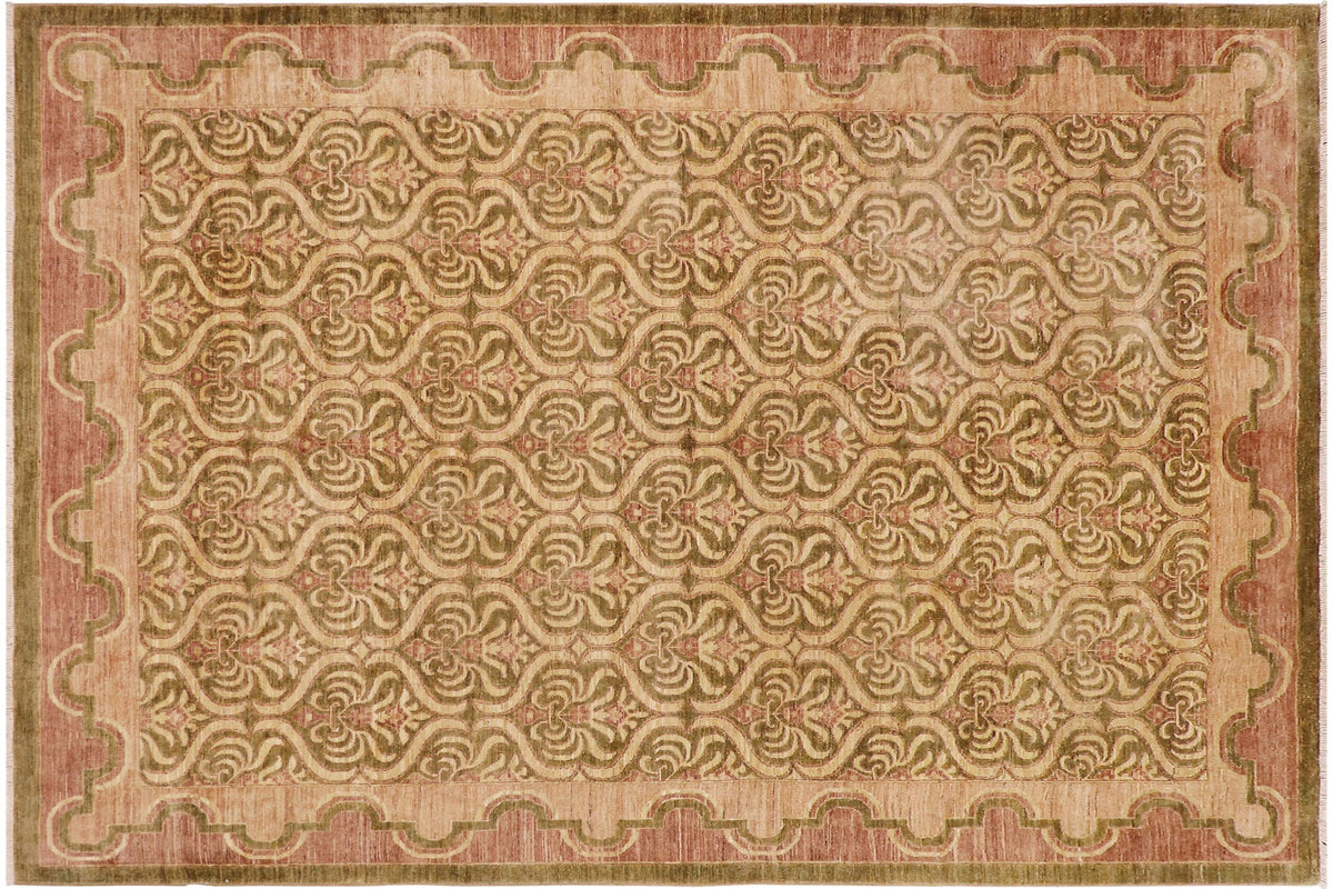 handmade Transitional Kafkaz Green Brown Hand Knotted RECTANGLE 100% WOOL area rug 9' x 12'