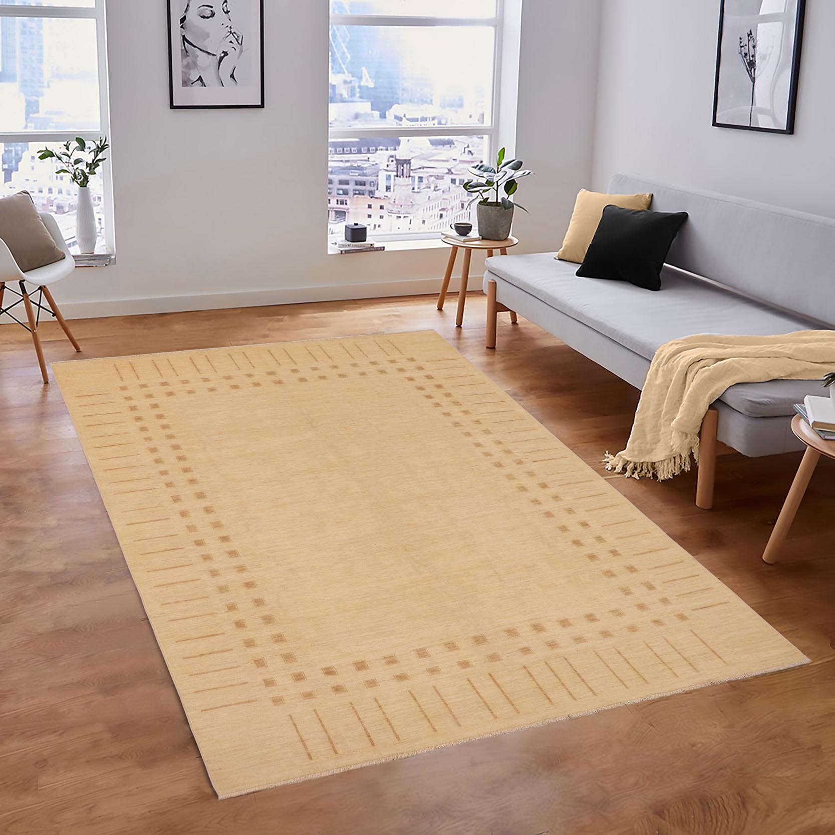 handmade Modern Kafkaz Beige Tan Hand Knotted RECTANGLE 100% WOOL area rug 9' x 12'