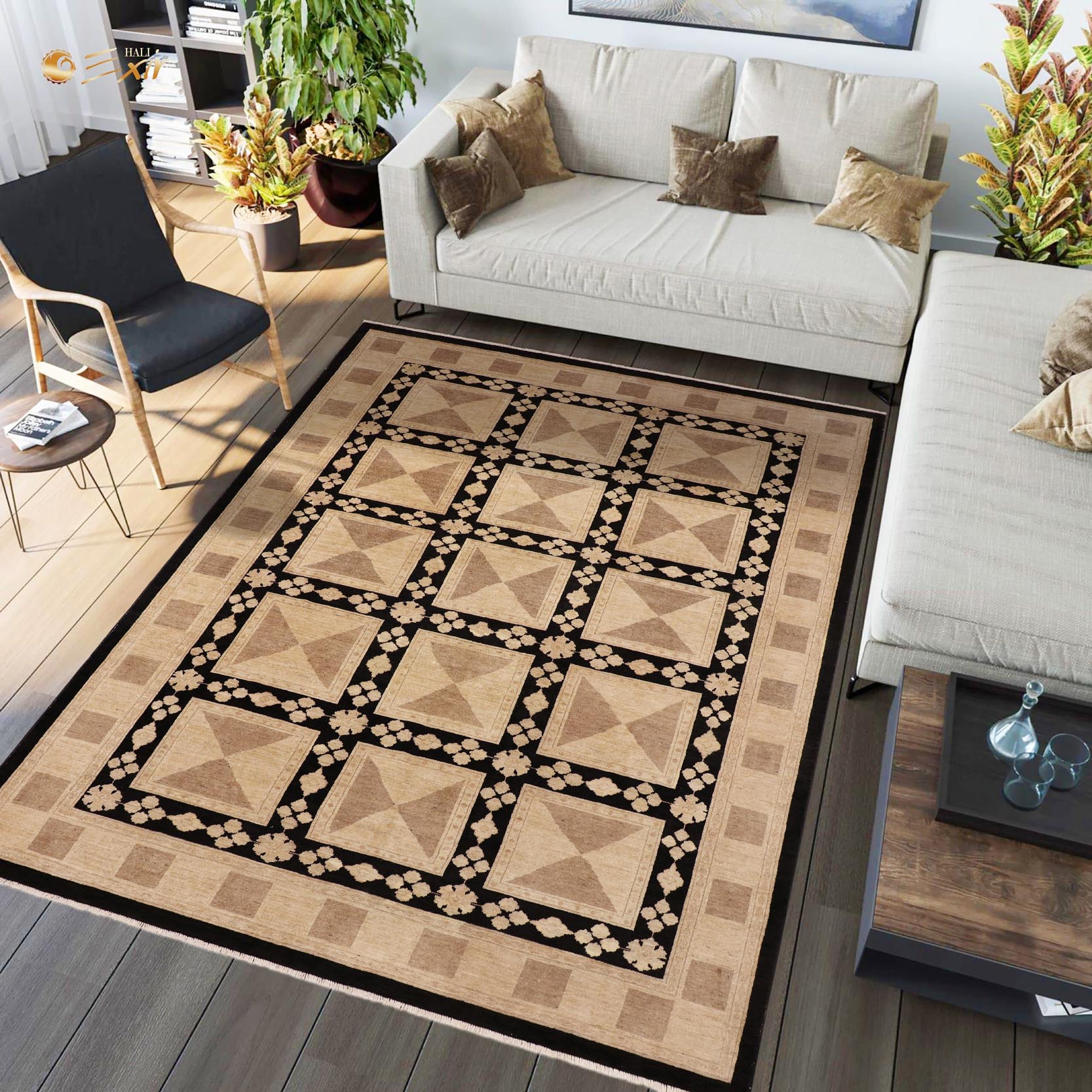 handmade Transitional Kafkaz Beige Black Hand Knotted RECTANGLE 100% WOOL area rug 9' x 12'