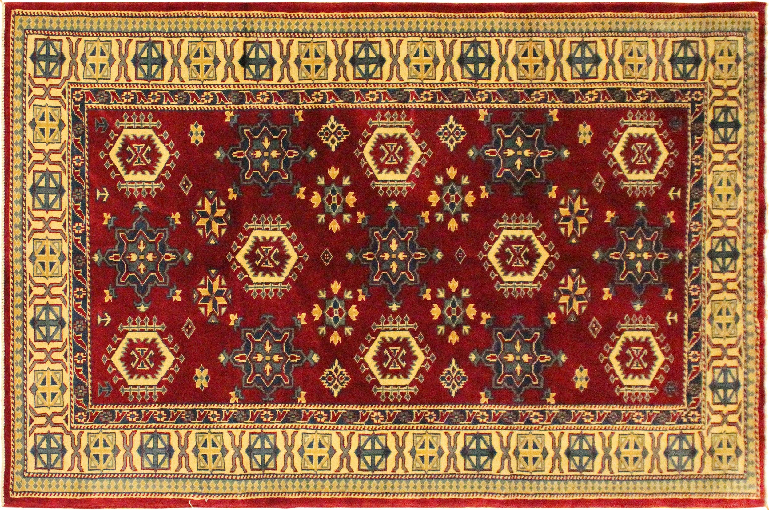 handmade Geometric Sherwan Red Gold Hand Knotted RECTANGLE 100% WOOL area rug 4x6