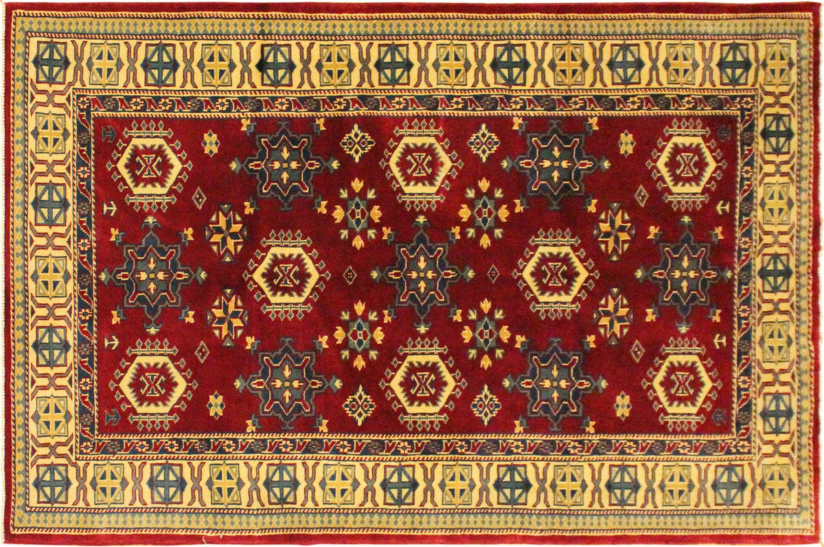 handmade Geometric Sherwan Red Gold Hand Knotted RECTANGLE 100% WOOL area rug 4x6