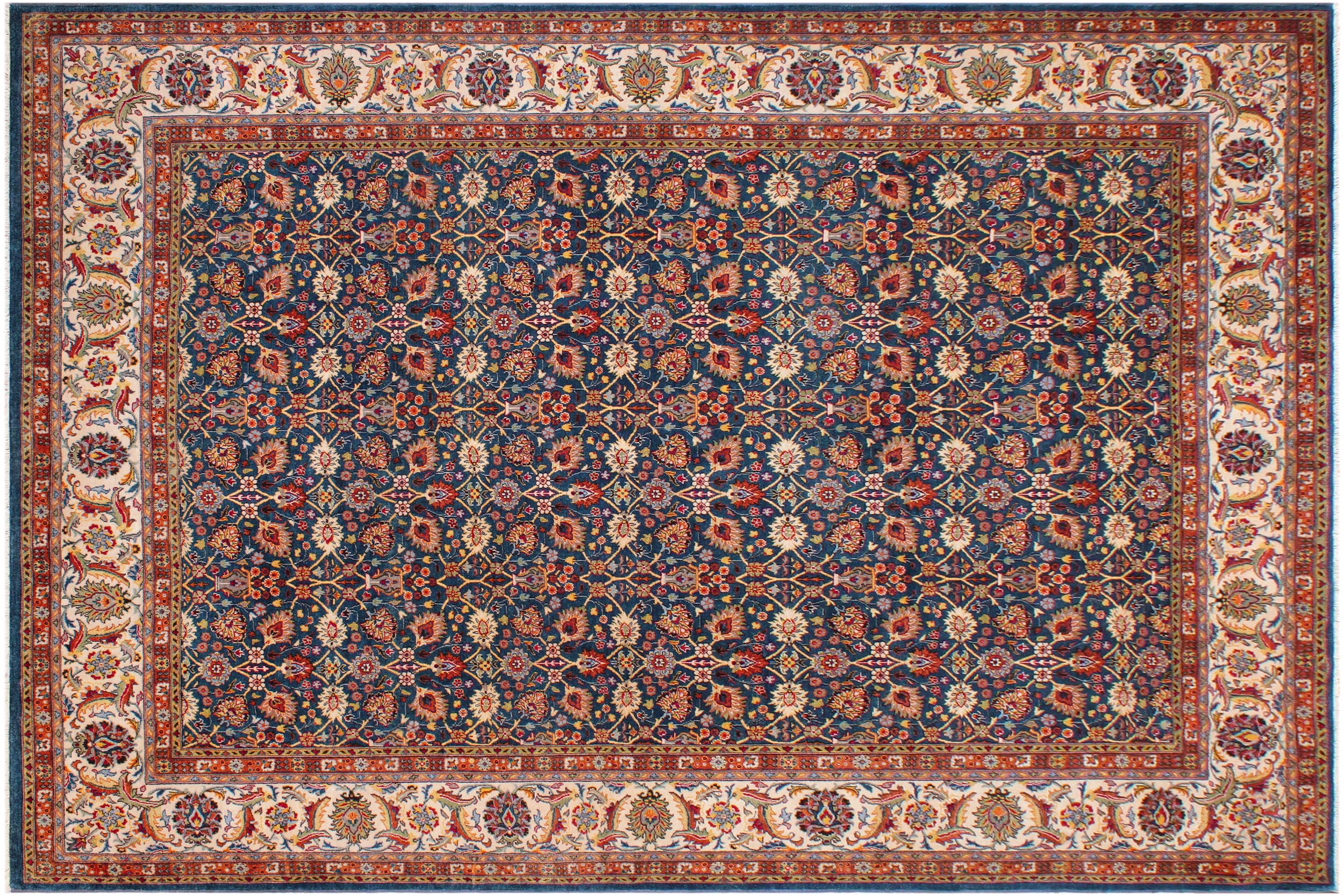 handmade Transitional Design Teal Ivory Hand Knotted RECTANGLE 100% WOOL area rug 9' x 12'