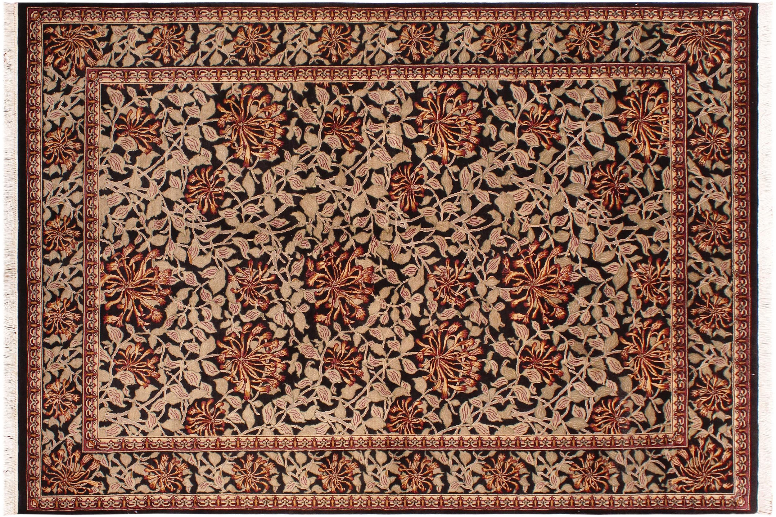 handmade Transitional Honeysuckle Black Tan Hand Knotted RECTANGLE 100% WOOL area rug 6' x 9'