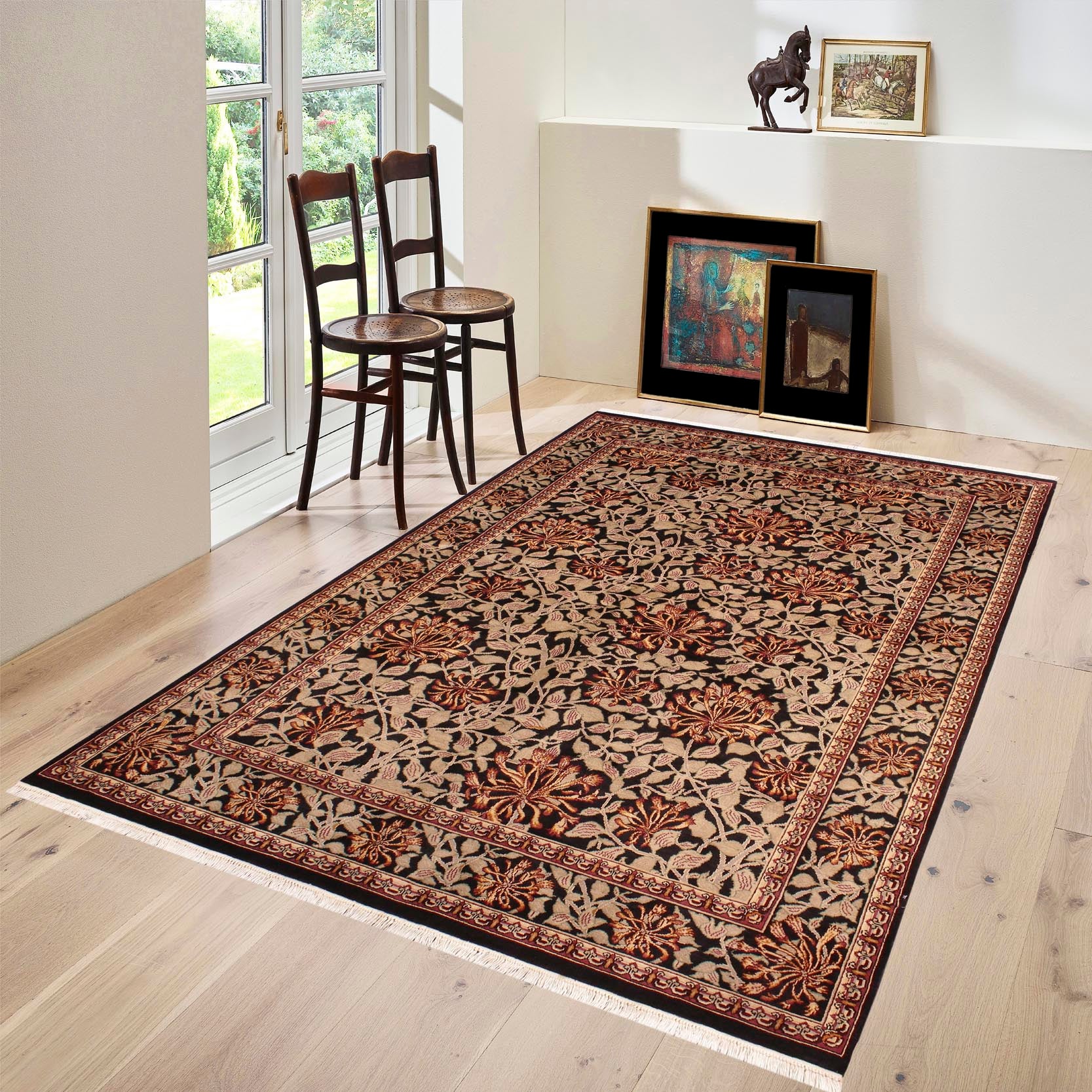 handmade Transitional Honeysuckle Black Tan Hand Knotted RECTANGLE 100% WOOL area rug 6' x 9'