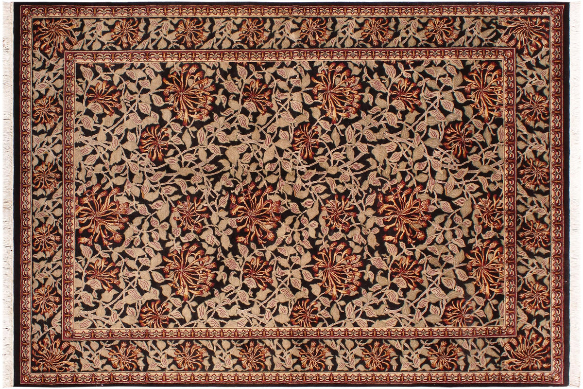 handmade Transitional Honeysuckle Black Tan Hand Knotted RECTANGLE 100% WOOL area rug 6' x 9'