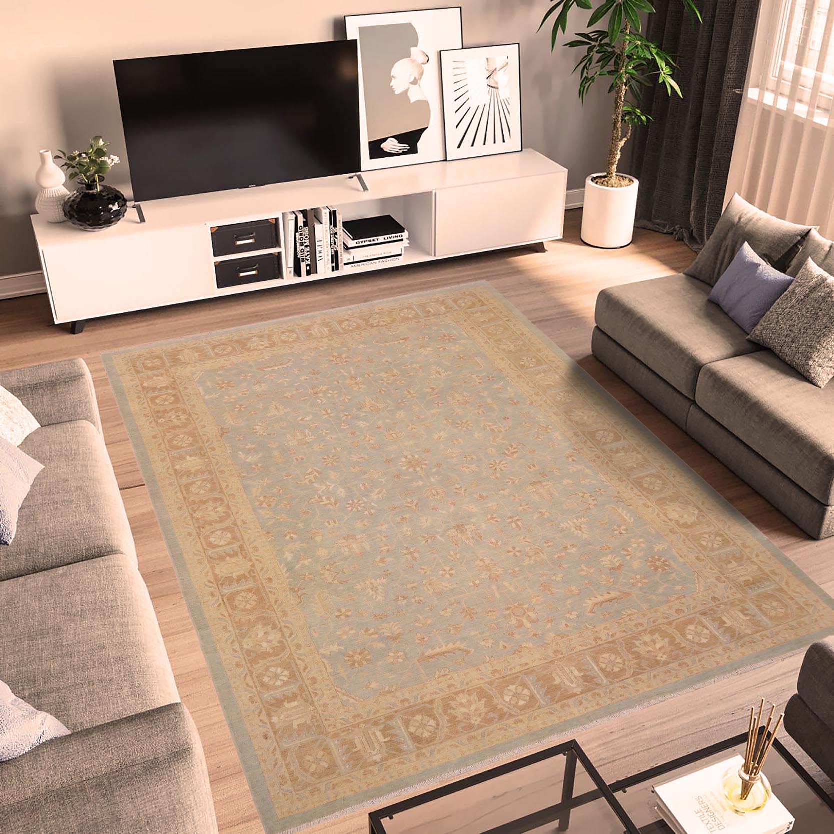 handmade Transitional Kafkaz Lt. Blue Lt. Brown Hand Knotted RECTANGLE 100% WOOL area rug 9' x 11'