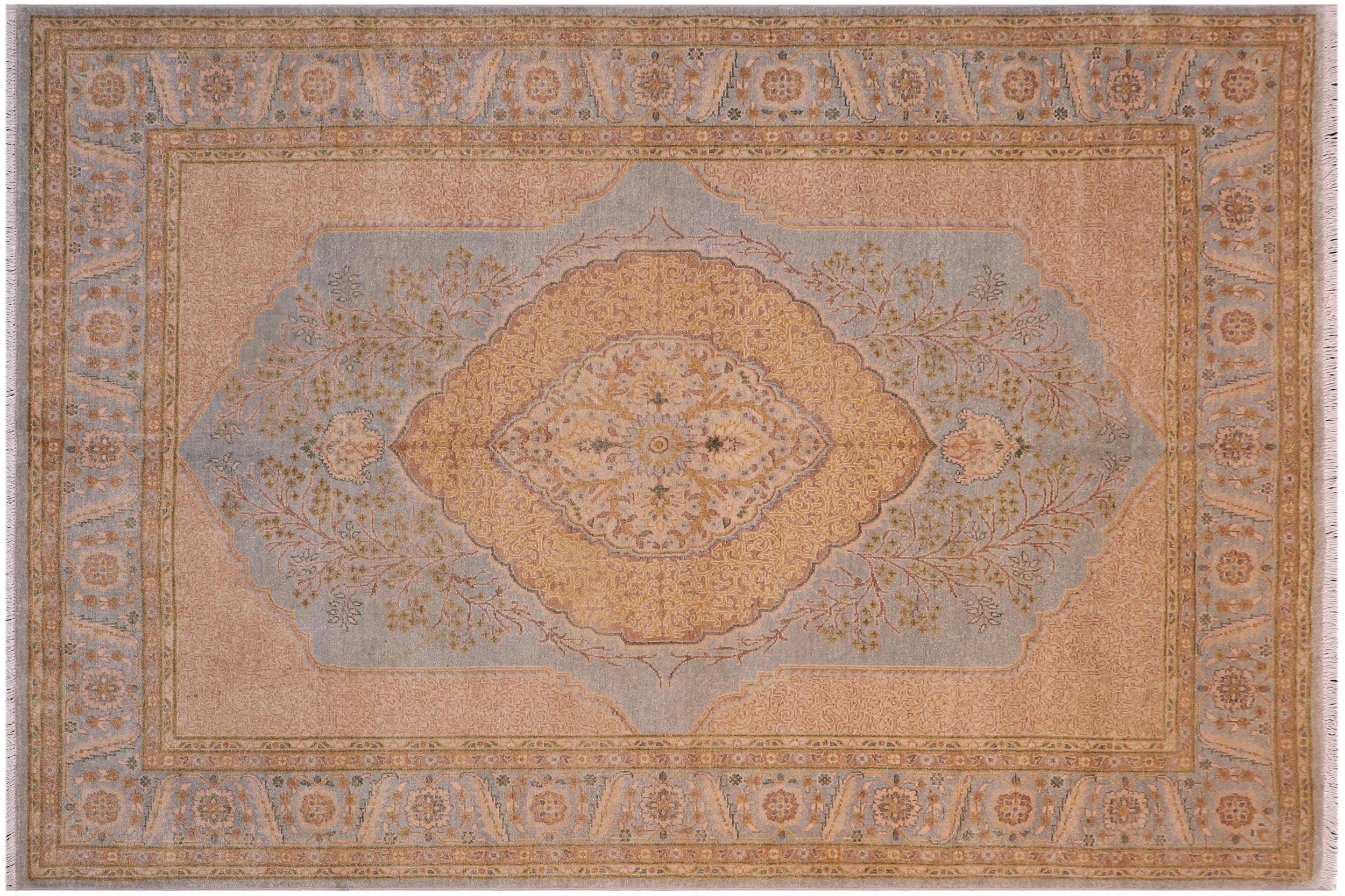 handmade Traditional Design Lt. Blue Gold Hand Knotted RECTANGLE 100% WOOL area rug 6' x 7'