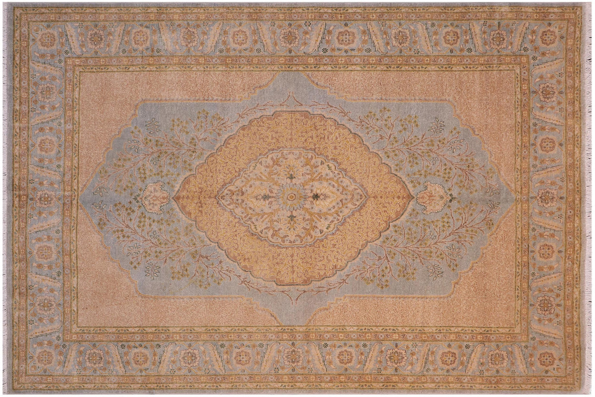 handmade Traditional Design Lt. Blue Gold Hand Knotted RECTANGLE 100% WOOL area rug 6' x 7'