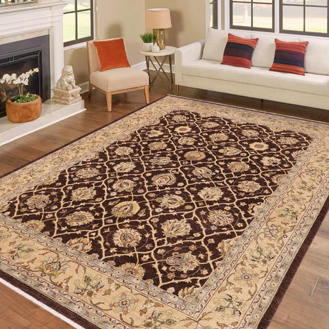 handmade Transitional Kafkaz Brown Tan Hand Knotted RECTANGLE 100% WOOL area rug 9' x 12'