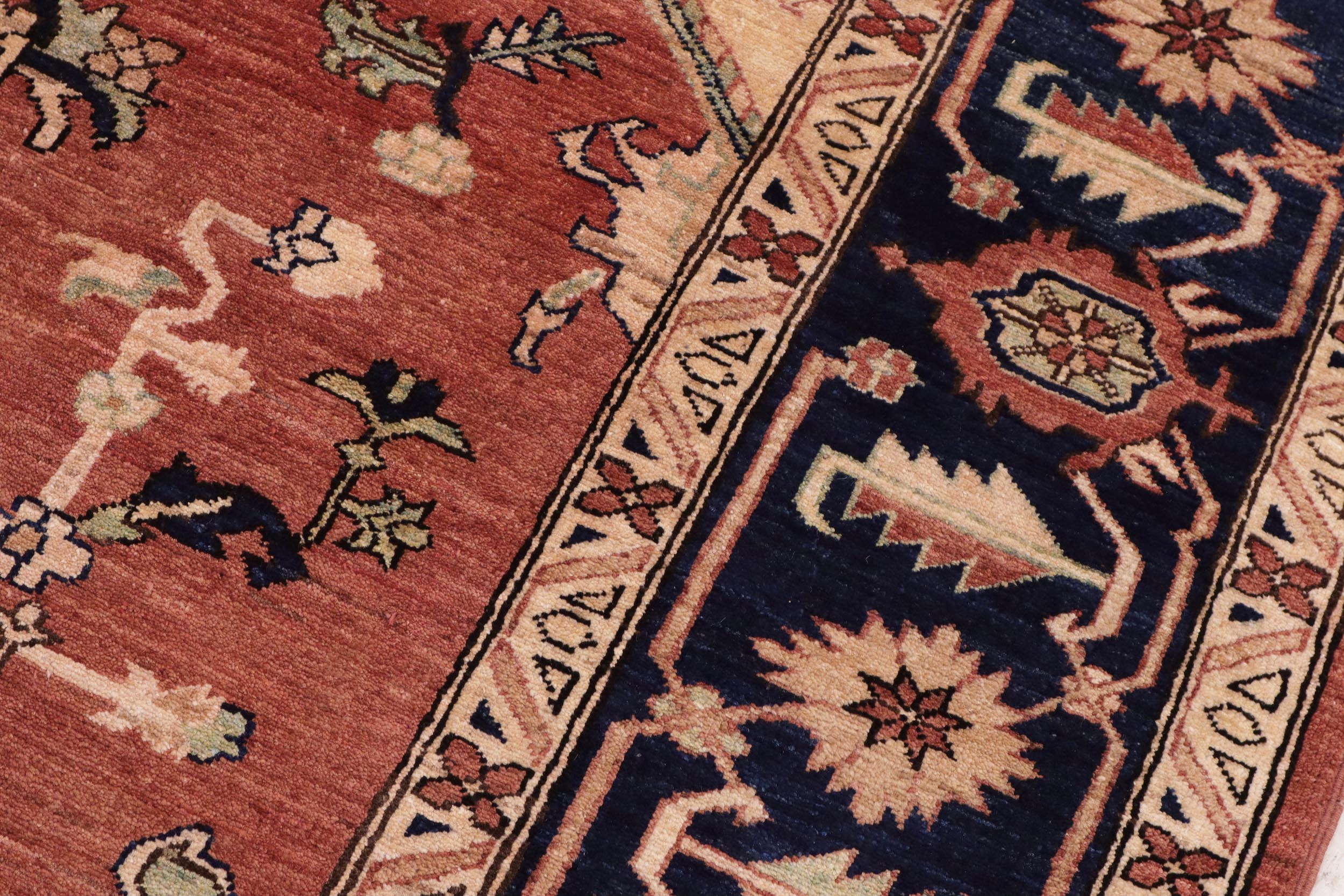 handmade Traditional Kafkaz Rust Blue Hand Knotted RECTANGLE 100% WOOL area rug 9' x 12'