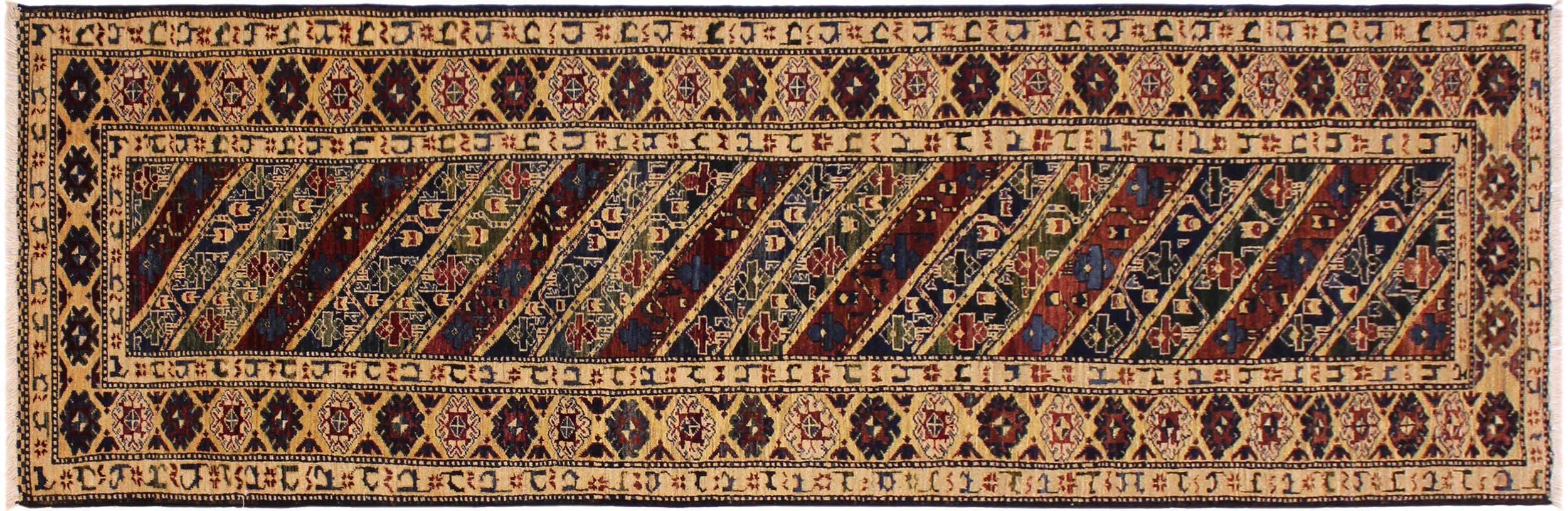 handmade Geometric Kafkaz Blue Ivory Hand Knotted RUNNER 100% WOOL area rug 3' x 25'