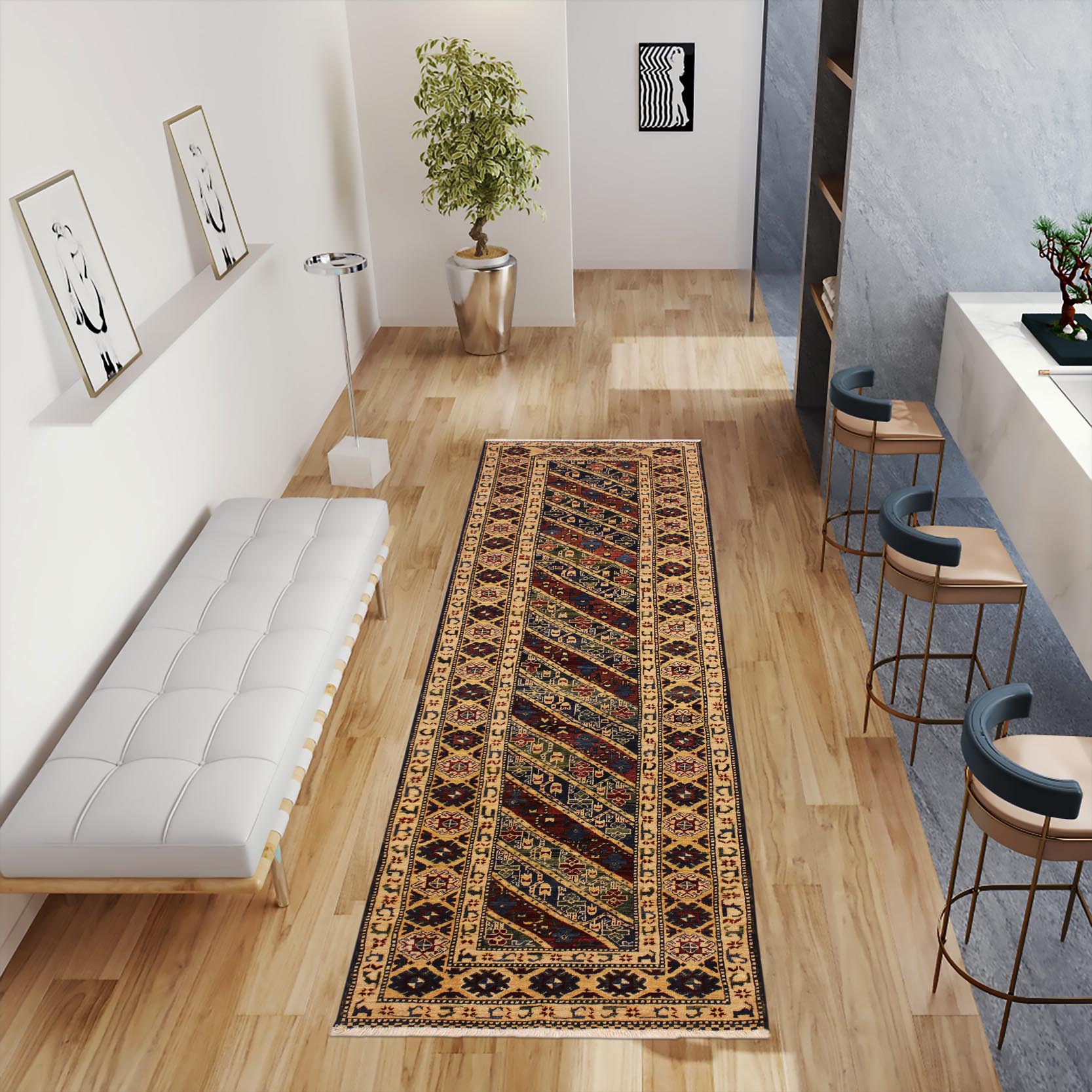 handmade Geometric Kafkaz Blue Ivory Hand Knotted RUNNER 100% WOOL area rug 3' x 25'