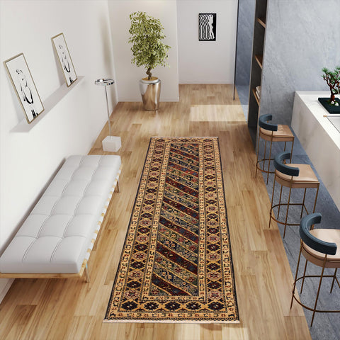 handmade Geometric Kafkaz Blue Ivory Hand Knotted RUNNER 100% WOOL area rug 3' x 25'