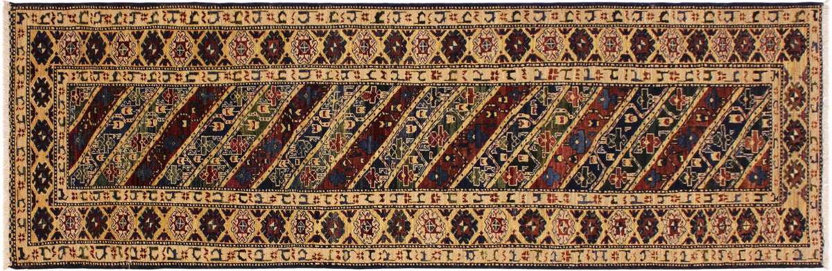 handmade Geometric Kafkaz Blue Ivory Hand Knotted RUNNER 100% WOOL area rug 3' x 25'