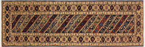 handmade Geometric Kafkaz Blue Ivory Hand Knotted RUNNER 100% WOOL area rug 3' x 25'
