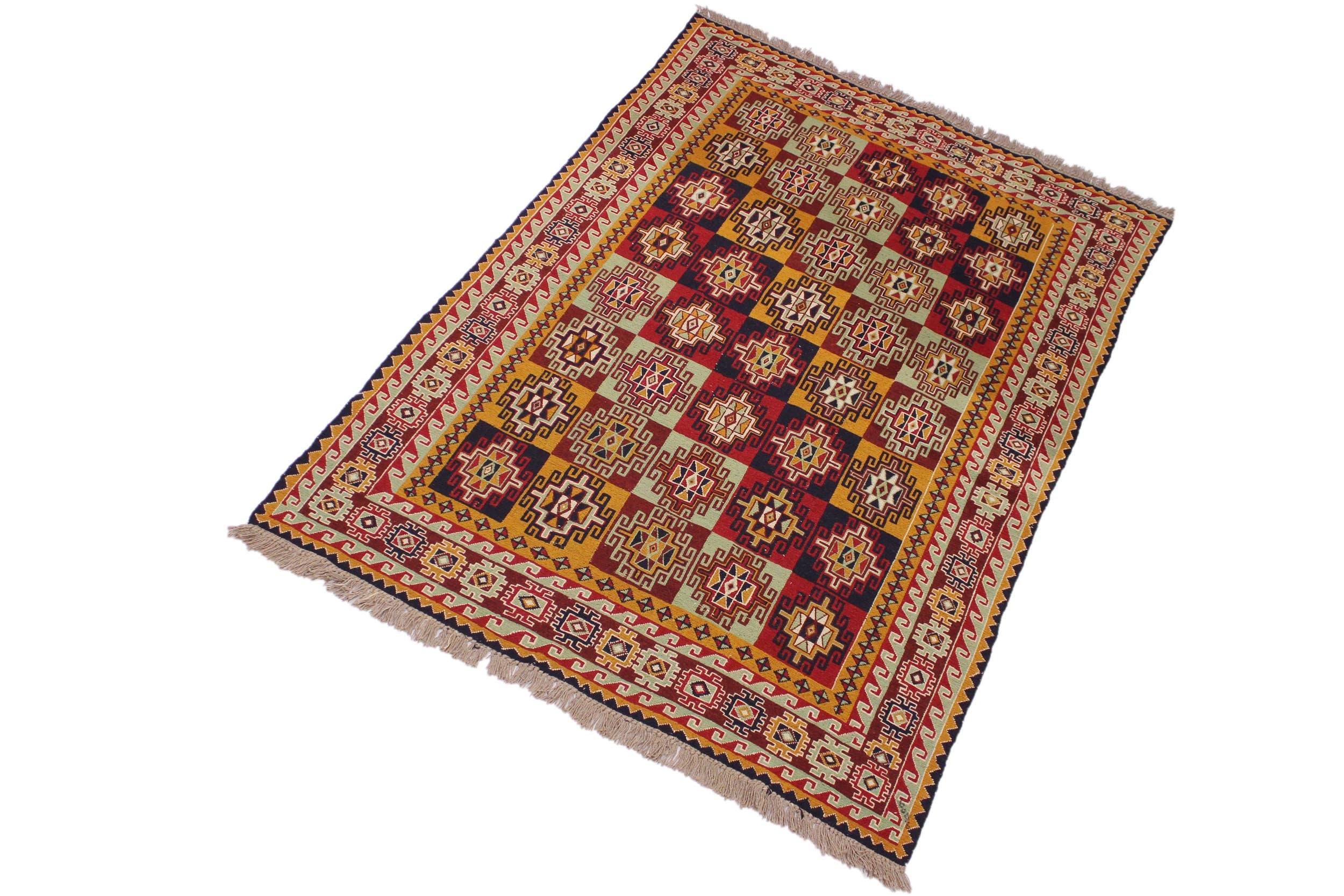 handmade Geometric Soumakh Red Green Hand-Woven RECTANGLE 100% WOOL area rug 5 x 7