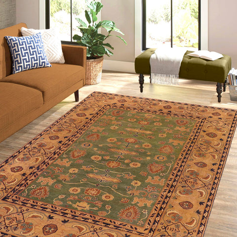 handmade Traditional Antique Green Tan Hand-Woven RECTANGLE 100% WOOL area rug 7x10