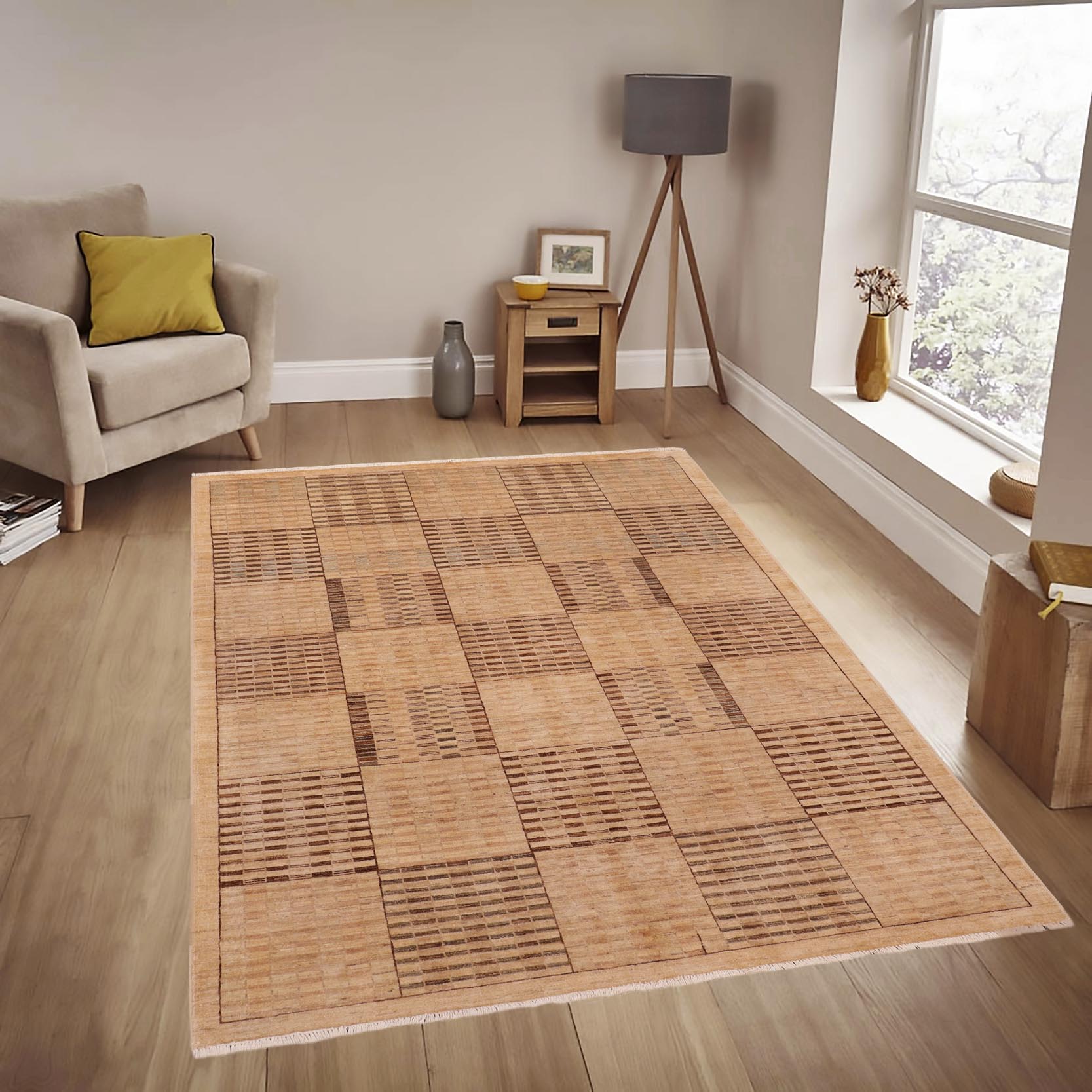 handmade Modern Gabbeh Beige Tan Hand Knotted RECTANGLE 100% WOOL area rug 6' x 9'